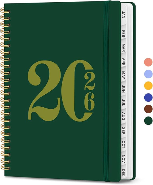 2026 Planner, Monthly and Weekly Calendar Planner for Women, Jan 2026 - Dec 2026, Hardcover Pretty 2026 Agenda Planner Book with Tabs, Spiral Bound, Perfect for School Office Home Supplies, 6.3" x 8.5" - Dark Green