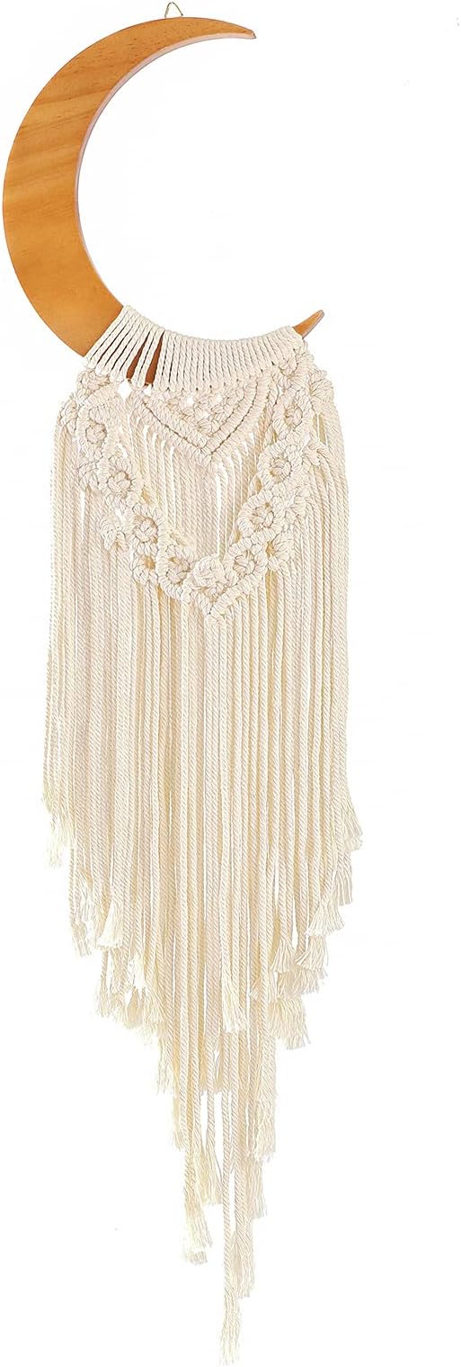 ANROYE Macrame Wall Hanging Boho Moon Decor, Bohemian Crescent Wooden Ornament with Long Tassel, Handmade Unique Wood Tapestry Home Decoration Wall Art Gift for Dorm Bedroom Nursery Living Room