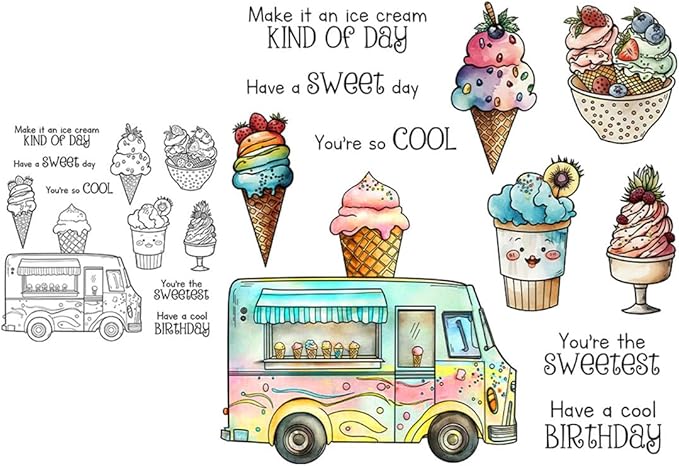 Ice Cream Cart Cones Stamps and Cutting Dies for Card Making DIY Transparent Silicone Clear Stamp and Metal Die Cuts Sets for Scrapbooking Paper Greeting Cards Decor Seals Craft Supplies