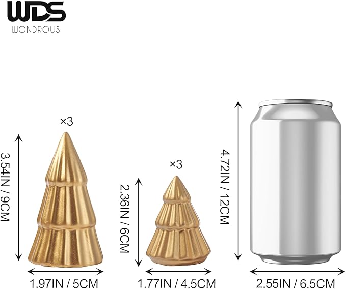 WDS WONDROUS Metallic Mini Christmas Trees Gold, Set of 6 Small Christmas Trees Figurine Tiered Tray Decor, Xmas Tabletop Decorations Table Centerpiece Office Mantel Shelf