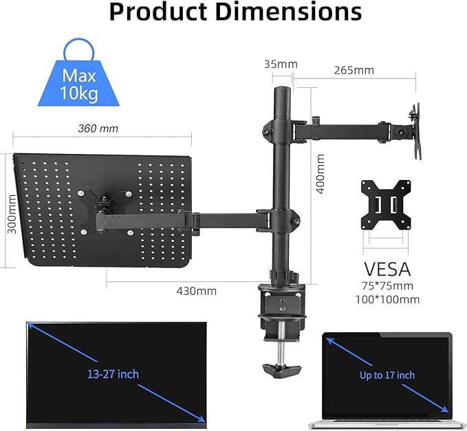 Suptek Monitor and Laptop Mount Holds 13-32 inch Computer Screen,Adjustable Monitor Arm Stand with Laptop Tray for 13-27 inch,Hold 22 lbs, with Clamp and Grommet Mounting Base