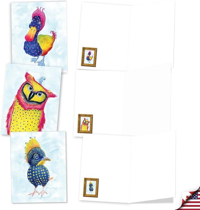 The Best Card Company 20 Assorted Blank Notecards Bulk Box Set 4 x 5.12 Inch with Envelopes (10 Designs, 2 Each) Funky Birds AM11015OCB-B2x10