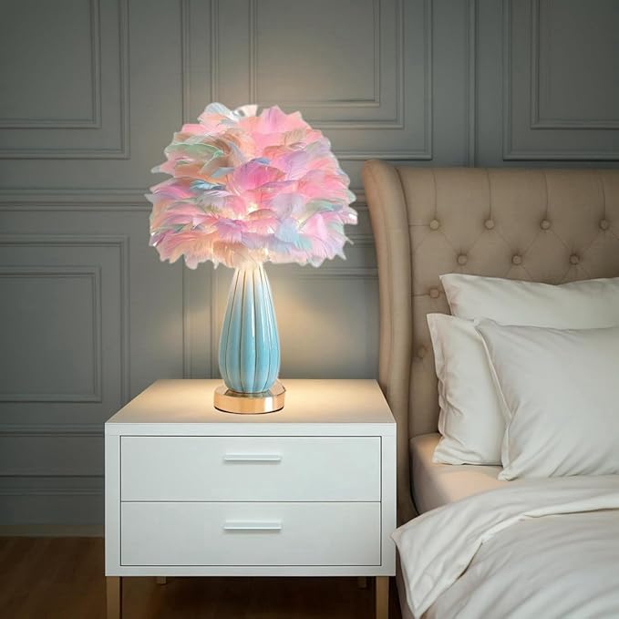 Colorful Feather Lamp Modern Furry Table Lamp Romantic Bedside Lamp Nordic Fluffy Princess Girl Nightstand Light for Bedroom Living Room Entry Office Wedding Decor Christmas Gift Prime