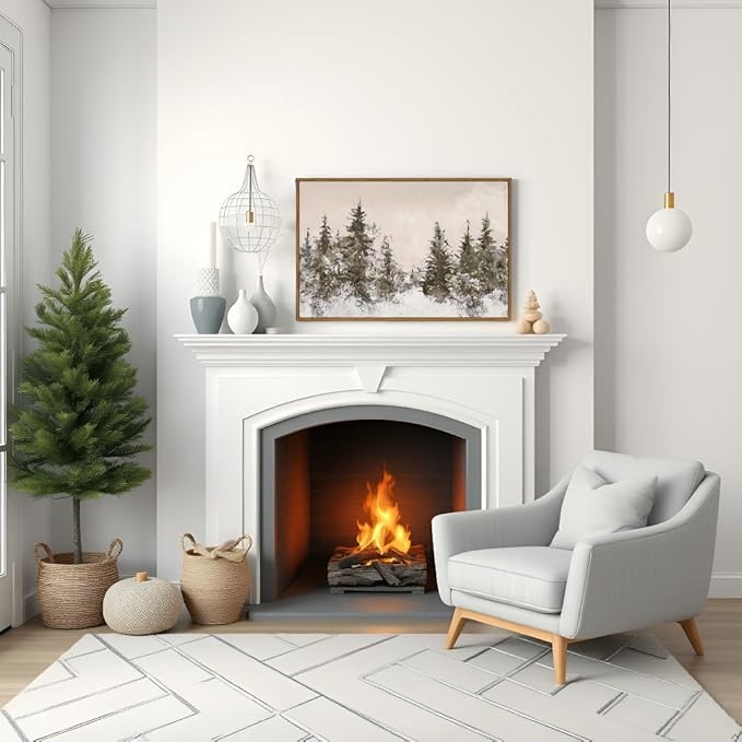 VIYYIEA Framed Canvas Wall Art, Large Vintage Christmas Picture Decor Indoor, 16x24in, Retro Winter Pine Forest Painting Artwork For Living Dining Room Hallway Fireplace, Holiday Decorations