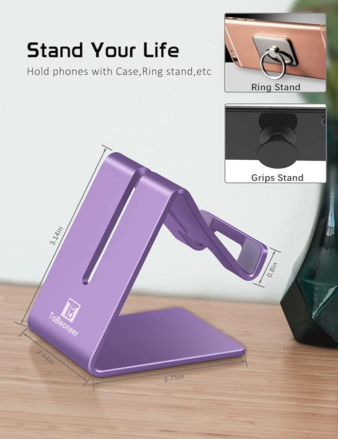 Phone Stand, Aluminum Phone Holder for iPhone 16 15 14 13 12 11 X 8 7 6 Plus 5, Tablet, Samsung, Huawei, Suitable for All Smartphones, Adding a Touch of Style to Your Office Decor, Purple