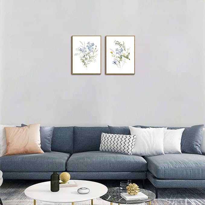 YOYIAXT 2 Pieces Watercolor Botanical Canvas Wall Art For Bedroom Blue Floral Framed Wall Art Minimalist Neutral Flower Art Prints Artwork For Living Room Office, 12x16 in