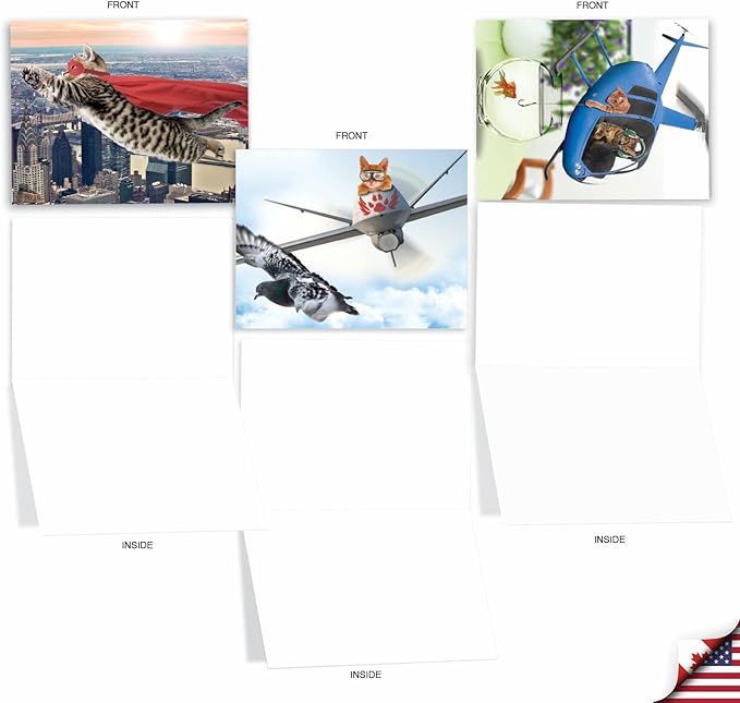 The Best Card Company - 10 Adorable Blank Cat Cards (4 x 5.12 Inch) - Cute Pet Kittens, Assorted Bulk Notecard Set - Flying Felines M6450OCB