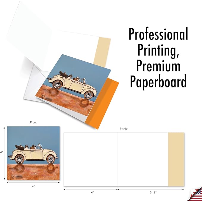 The Best Card Company - 10 All Occasion Blank Cat Cards (4 x 5.12 Inch) - Cute Assorted Bulk Card Set - Car Cats MQ4978OCB-B1x10