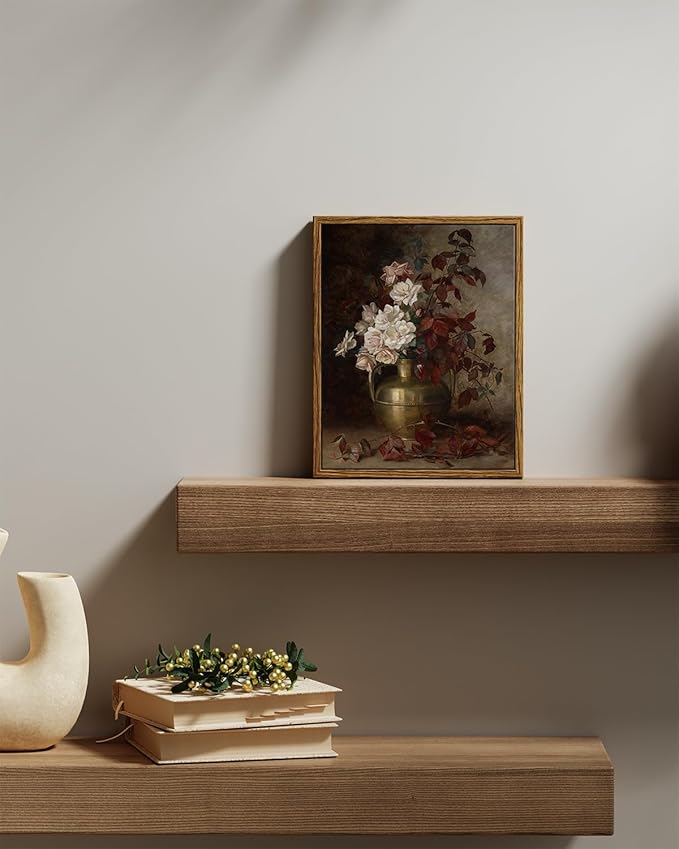 VIYYIEA Vintage Floral Framed Wall Art, Rose Bouquet Flower Paintings Decor Aesthetic, Canvas Print Artwork, Still Life Retro Wall Pictures for Bedroom Living Room, 8x10 Inch