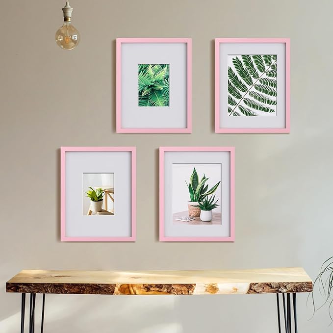 Egofine 11x14 Picture Frames with Plexiglass, Display Pictures 5x7/8x10 with Mat or 11x14 Without Mat Set of 4 for Tabletop and Wall Mounting, Pink