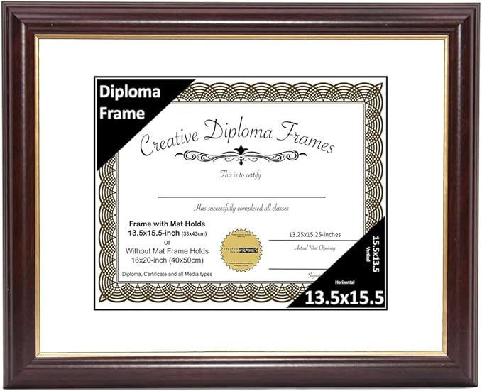 Creative Picture Frames 13.5x15.5 Mahogany Gold Rim Diploma Frame with White Mat Glass and Installed Wall Hangers | Frame Holds 16x20 Media without Mat