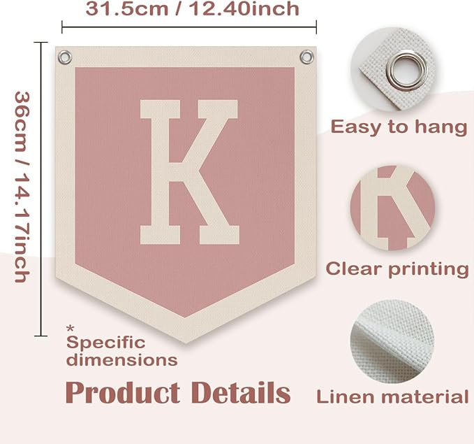Lacama Baby Shower Decor Gifts, Pink Initial Personalized Preppy Banner, Baby Girl Nursery Decor, Initial Pennant，Vintage Room Decor Toddler Room Bedroom Playroom Front Door Birthday Gift(K)