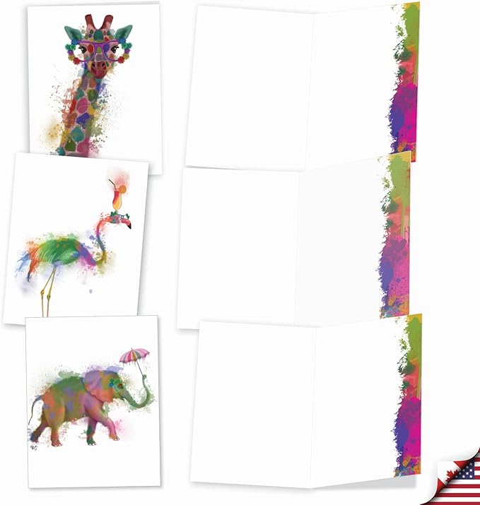 The Best Card Company - 20 Assorted Watercolor Animal Blank Notecards Box Set 4 x 5 In with Envelopes (10 Designs) Camp Note Cards Stationery Set, Funky Rainbow Wildlife AM4948OCB-B2x10