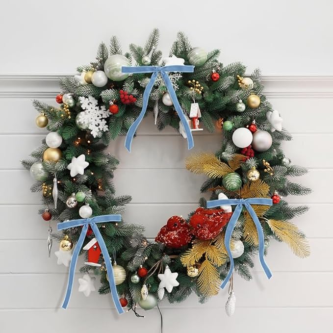 SIMISI RIBBON 24Pcs Light Blue Christmas Velvet Ribbon Bows Decorations Xmas Ornaments Vintage Decor for Tree, Wreath, Garland (3/8'' Width, 5 * 7 inch)