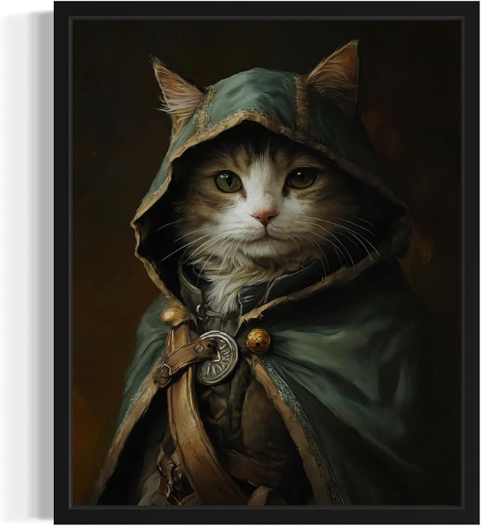 Robinhood Cat Art Poster Print, Kitten Painting Humor Portrait Pet Artwork Decor Gallery A8 (Robinhood Cat, 16 x 20 inches, Black Frame)
