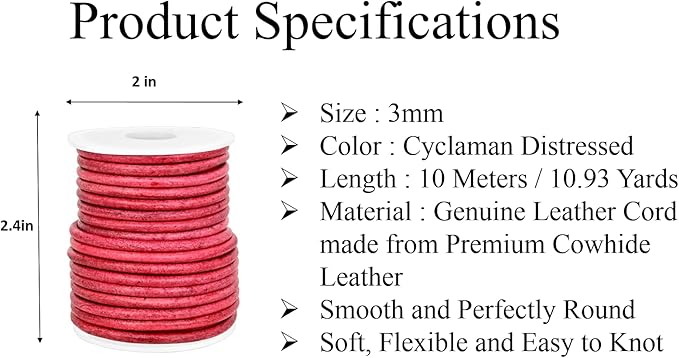 GENIQUE Real/Genuine Round Leather String Cord for Necklace, Bracelets, Jewelry, Kumihimo Braiding, DIY Projects (10 Metres) (3mm, Cyclaman Distressed)