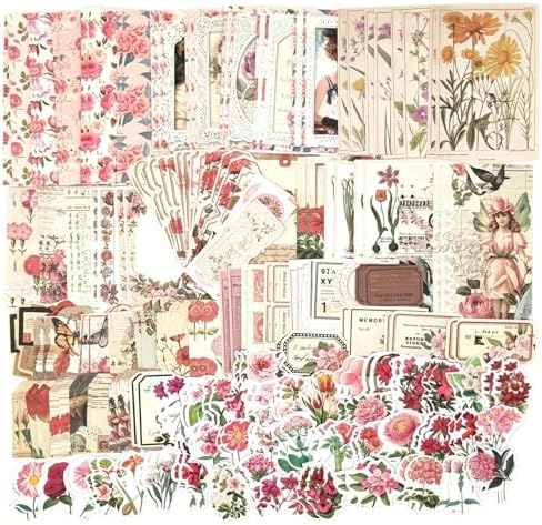 Esweny 200PCS Vintage Scrapbooking Supplies Pack, Aesthetic Scrapbook Sticker Paper Art Journaling Kit for Junk Journals,Planner,Cottagecore Decor Gifts (Pink Series) by Esweny