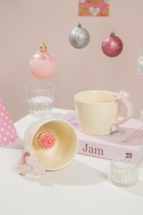 DIHOclub Ceramic Coffee Mug with Birthday Cake & Bow Handle, Giftable Novelty Tea Cup for Birthday Anniversary (Cream)