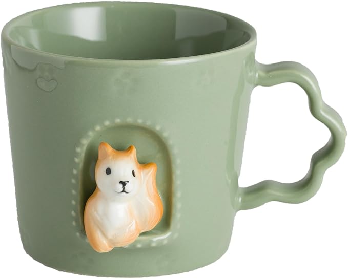 DIHOclub Squirrel Ceramic Cup Window Animals Mug Cute Cartoon Handmade Figurine Mugs,Holiday and Birthday Gift for Daughter,Son,Kids,9 OZ (Green)