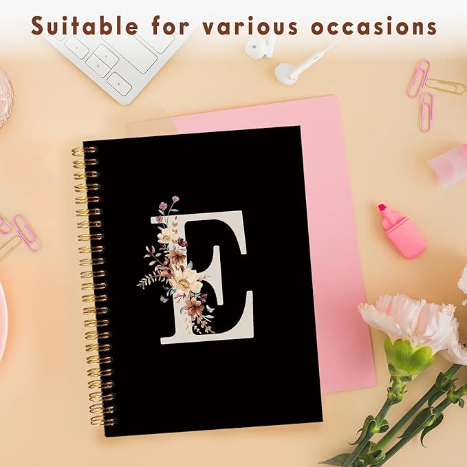 Lacama Black Initial Letter E School Notebook Journal, Cute Wildflower Personalized Spiral Notebook, School Supplies, Customized Monogrammed Gifts, Birthday Gifts for Women, Office Supplies