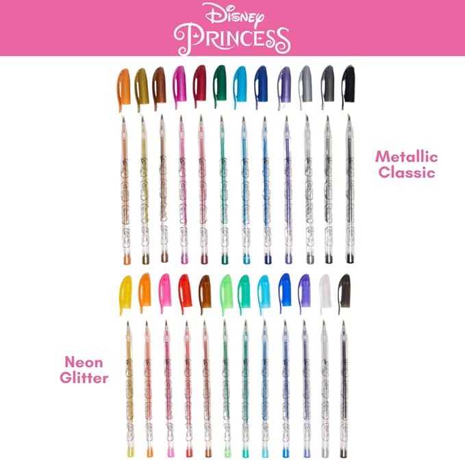Disney Princess Gel Pens Set for Kids, 24 Pack with Glitter Gel Pens, Cute Pens for Girls – Cinderella, Rapunzel, Ariel, and Tiana