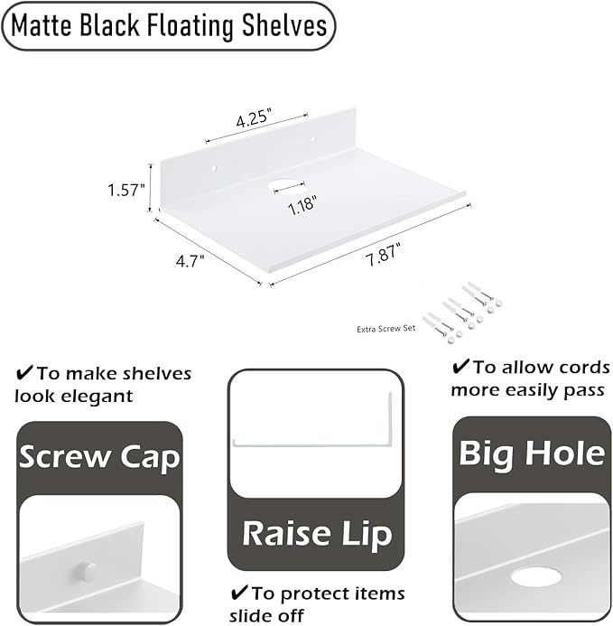 Small Floating Shelves, Adhesive Bluetooth Speaker Shelf, Renter Friendly Floating Corner Shelves with Cable Clip, Wall Mounted, Display Shelf for Smart Speaker, White, Aluminum, 8 inch, 2 Pack