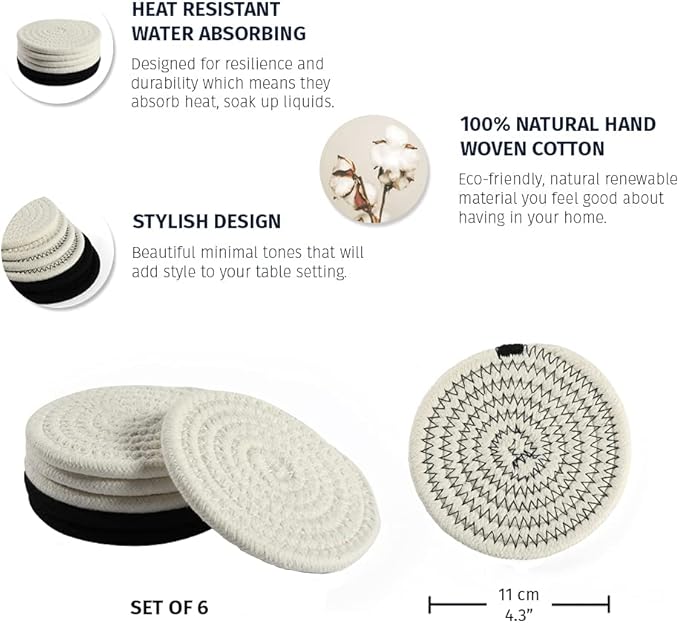 OrganiHaus Drink Coasters Set of 6, Absorbent Cotton Woven Cup Coasters, Rustic Farmhouse Boho Decor for Coffee Table and Drinks Protection, Cute Coaster for Drinks - Black/Off-White