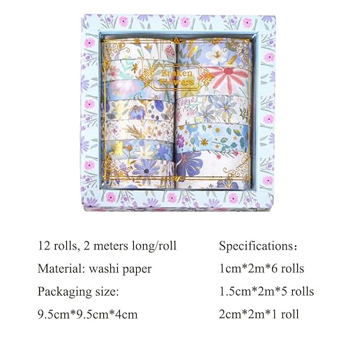 MAFELOE 2 Meters Long 12 Rolls Washi Tape Set, Decorative Adhesive Supplies for Scrapbook Journaling Junk Bullet Art Collage-Floral Print Series-Blue (HZ-3Y-SHMJ-01)