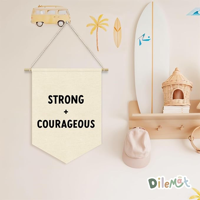 Positive Affirmations Wall Decor,Playroom Boy Nursery Wall Decor,Motivational Bible Verses Strong and Courageous Linen Pennant Banner,Homeshool Wall Art for Kids Room