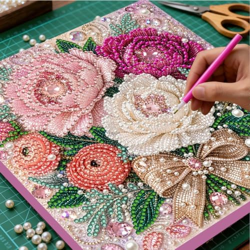 DIY Pearl Painting Kit for Adults, Peony Flower Gem Art with Wood Frame, 20x20cm Pearl Diamond Craft, Floral Wall Decor Gift for Women, Beginners Relaxing Hobby Kit - Image 2