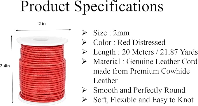 GENIQUE Real/Genuine Round Leather String Cord for Necklace, Bracelets, Jewellery, Braiding (2mm, Red Distressed)