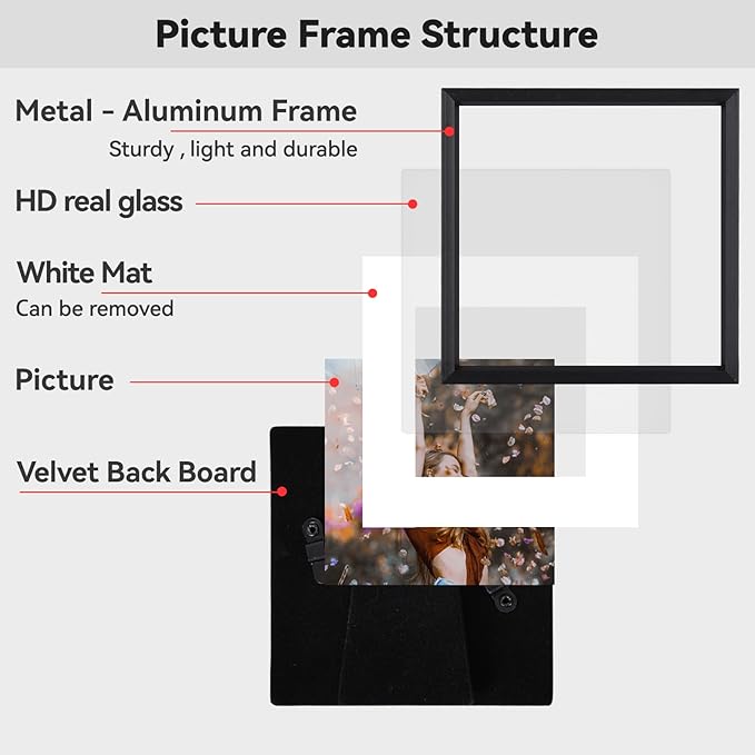 10x10 Picture Frame, Black Metal Square Photo Frames with HD Glass, Fits 6x6 with Mat or 10 x 10 without Mat, Display for Wall and Table, 1 Pack