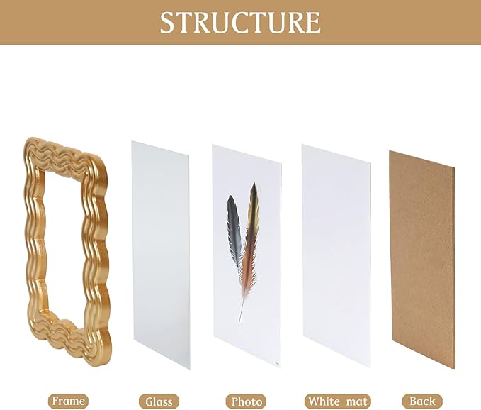 4x6 Picture Frame, Display Pictures 4x6 with Mat, Wavy Edge Wood Photo Frame for Tabletop and Wall Hanging, with Clear Plexiglass for Vertical or Horizontal Display, Gold, 1 Pack