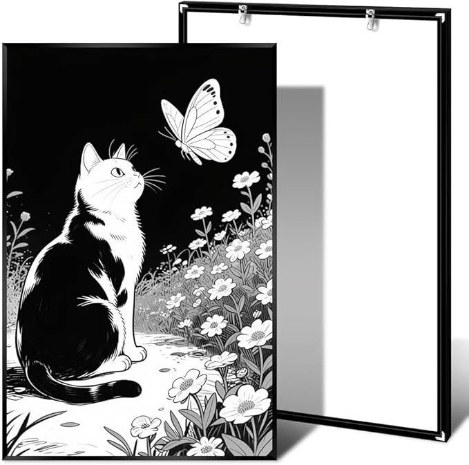 Cats Butterflies in Flowers Canvas Poster Vintage Minimalist Nature Wall Art Trendy Black White Aesthetic Painting Prints Modern Animal Home Decor for Bedroom Living Room 24x36inch Metal Black Framed
