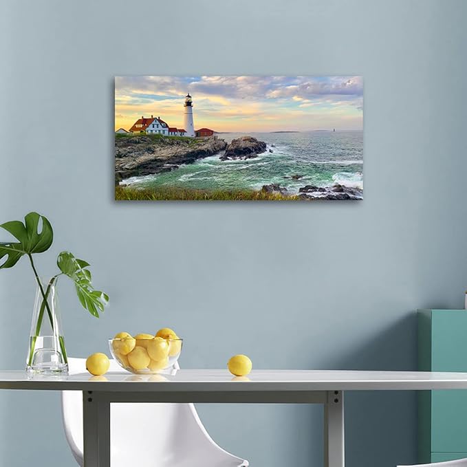 tigeridge Portland Head Light Wall Art Sunset Lighthouse Canvas Wall Art for Living Room Ocean Canvas Pictures Seascape Artwork Canvas Prints Office Home Wall Decor Framed Ready to Hang 30" x 60"