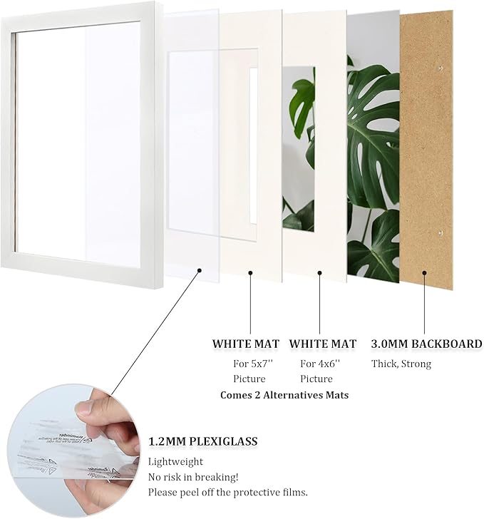 Egofine 8x10 Picture Frames 4PCS, Made of Solid Wood Display 4x6 and 5x7 with Mat Covered by Plexiglass, for Table Top Display and Wall Mounting Photo frame, White with Texture