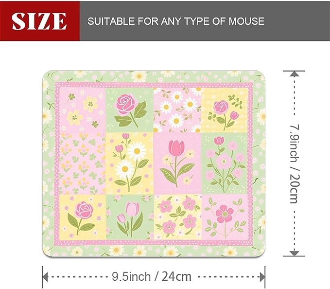 Square Mouse Pad Patchwork Flowers, Personalized Premium-Textured Custom Mouse Mat Design, Washable Mousepad Cloth, Non-Slip Rubber Base Computer Mouse Pads for Wireless Mouse