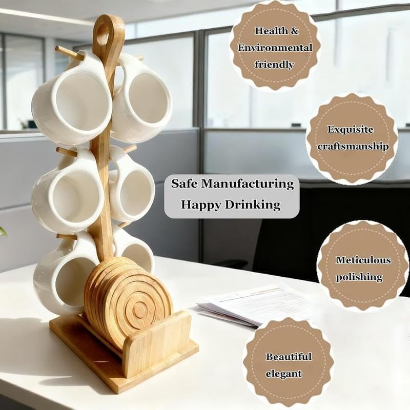 6-Piece Ceramic Coffee Cup & Saucer Set with Bamboo Stand - Image 3