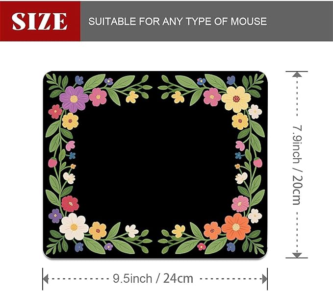 Square Mouse Pad Flower Border, Personalized Premium-Textured Custom Mouse Mat Design, Washable Mousepad Cloth, Non-Slip Rubber Base Computer Mouse Pads for Wireless Mouse