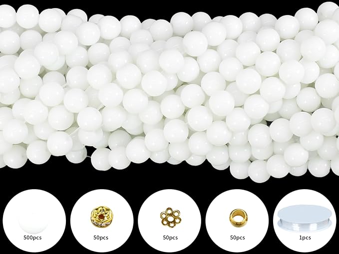Pamir Tong 650PCS 8mm Snow White Glass Beads for Jewelry Making,Round Smooth Beads, Bracelet Space Loose Beads for Earring, Necklaces-Adult Craft Supplies