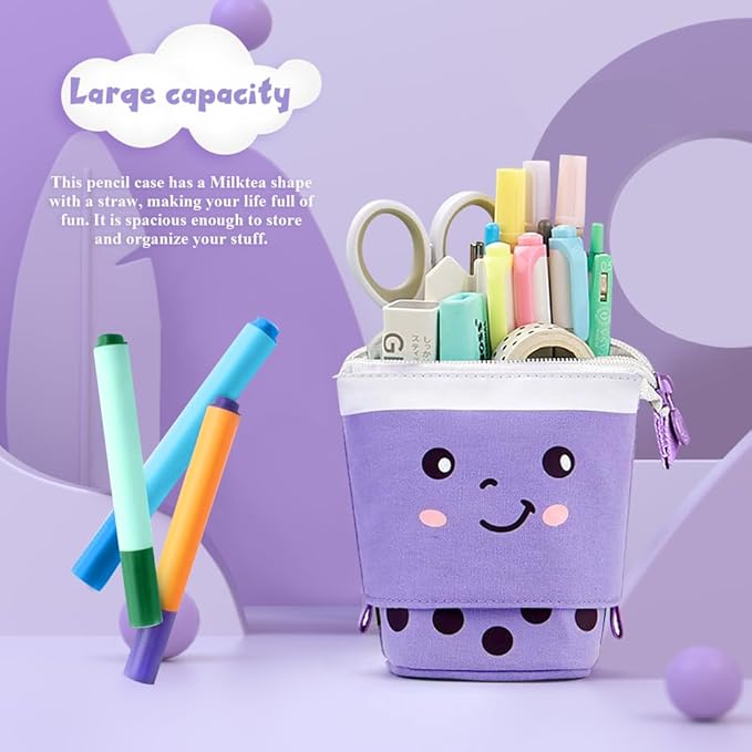 Cute Standing Pencil Case Pen Holder for Kids, Pop Up Stand UP Bubble Tea Pen Organizer Kawaii Stationary for Christmas Holiday New Year Office (Purple)
