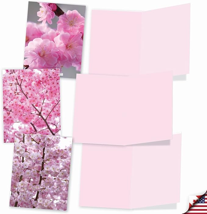 The Best Card Company - 10 Blank Note Cards with Flowers (4 x 5.12 Inch) - Floral Notecards, All Occasion Boxed Assortment - Cherry Blossoms AM6861OCB-B1x10