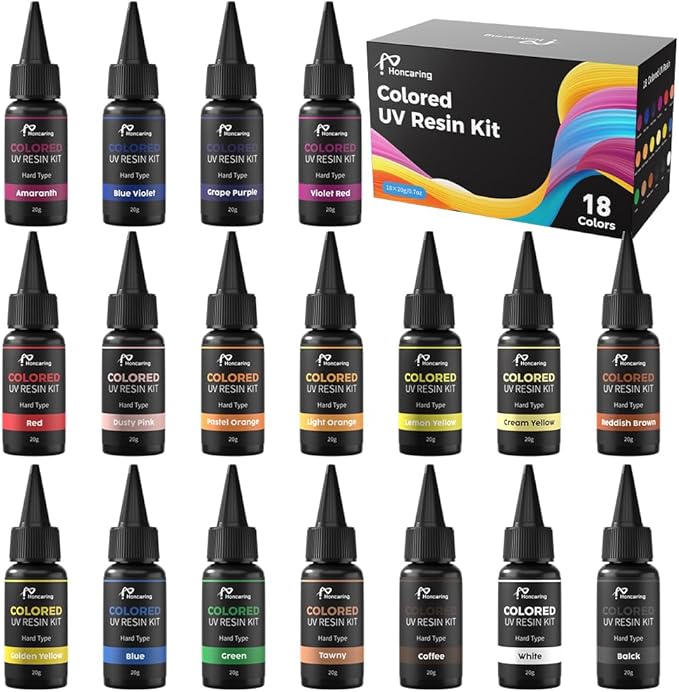 Honcaring UV Resin, 18 Colors UV Curing Hard Type Resin Clear, Fast Curing Odorless & Colored UV Resin Kit for Jewelry Making, Crafts, DIY(20g/0.68oz Each)