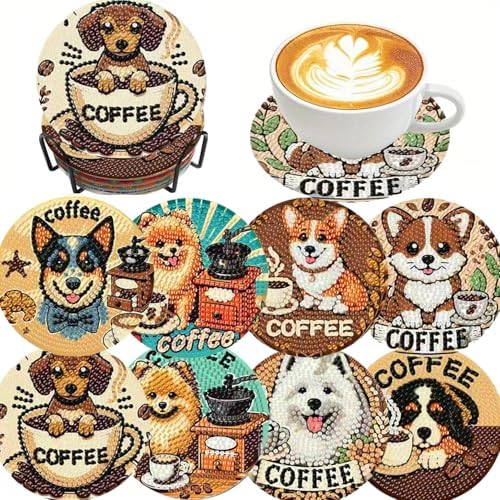 Clendo 8 PCS Coffee Dog Diamond Art Coaster Kits with Holder - Diamond Painting for Adults Beginners - 5D Gem Art Dots Paintings with Cork Pads - Crafts Supplies by Clendo
