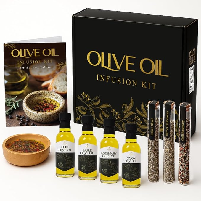 Infused Olive Oil Gift Set – Variety Pack - 4 Flavored Olive Oil Extra Virgin, 3 Spice Flavorful Infusion Blends, Bread Dipping Bowl & Recipe Booklet - Set of 8 – Gourmet Cooking Gifts for Women