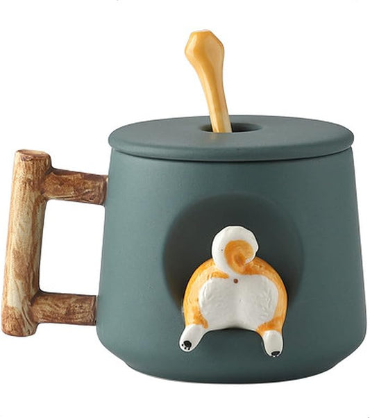 Cute Dog Couple Cup, Ceramic Coffee Mug with a Lid, Paws on the Top of the Spoon, Cute Shiba Lnu Three-dimensional Design, with Matte Texture,(420ML Green Tail)