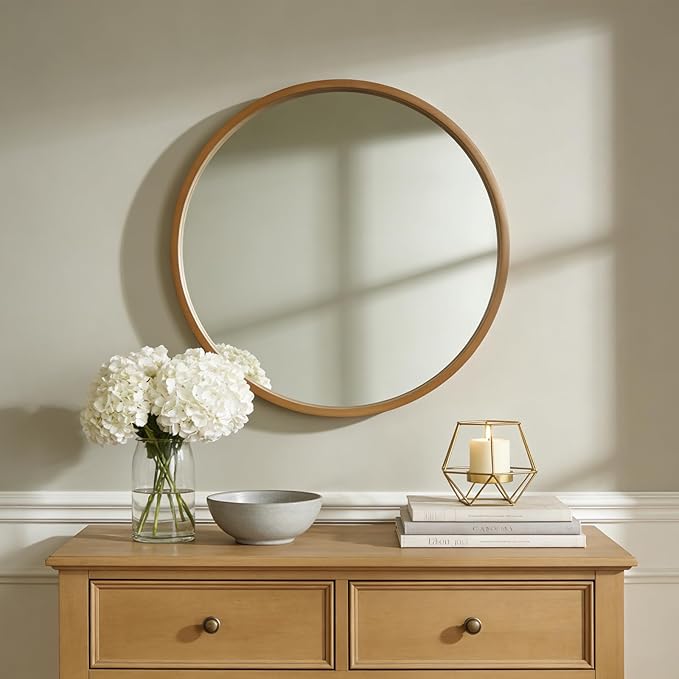WallBeyond 28 Inch Natural Round Wood Mirror, Large Circle Wooden Frame Wall Mirror for Bathroom, Living Room, Bedroom, Entryway