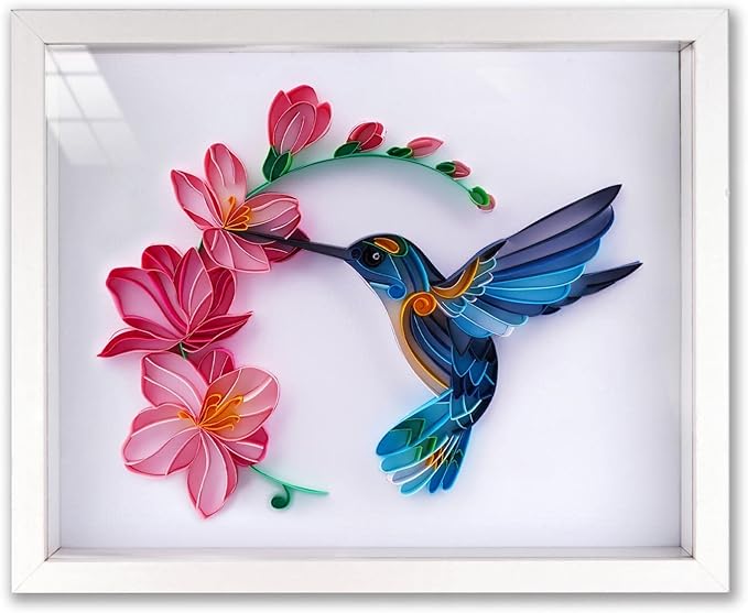 Uniquilling Quilling Kit, Paper Quilling Kits, 8 * 10-in Flower& Hummingbird Paper Filigree Kits with Quilling Tools& Using Manual, DIY Quilling Artwork Modern Wall Art for Living Room