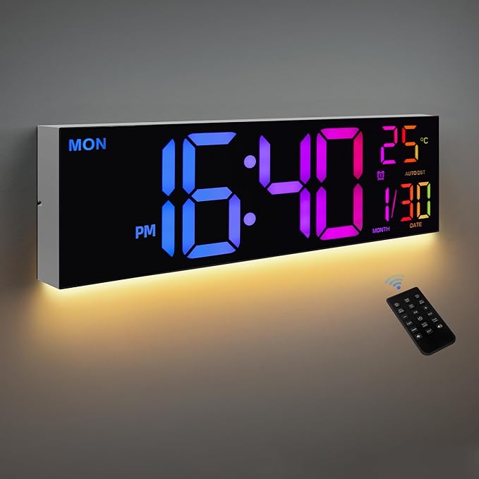 8 Colors Digital Wall Clock, 16.2" Large Digital Clock with Temperature, Date, Auto DST, Night Light, Auto Brightness Dimmer, 24/12-hour Wall Clock for Living Room Office Classroom Gym