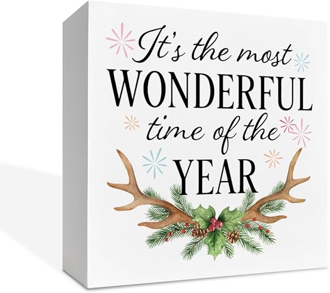 Christmas Wooden Desk Decor Sign, It's The Most Wonderful Time of The Year Rustic Holiday Sign, Winter Christmas Tabletop Home Plaque, Farmhouse Xmas Decor 5x5 Inches